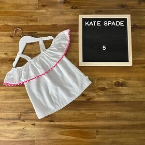Kate Spade Swiss Dot Off Shoulder White Pink Pom Pom Sleeveless Ruffle Top 5